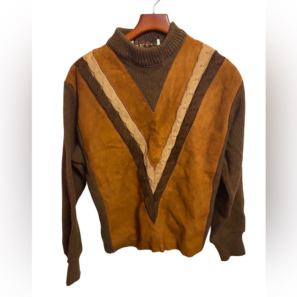Vintage 1980s Lord Kent Suede Leather Knit Mock Neck Chevron Sweater Women’s M